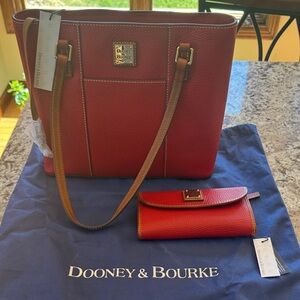 Dooney & Bourke Red Pebble Leather Tote with Brown Straps and Matching Wallet